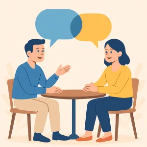 A flat-style digital illustration depicts two individuals sitting across from each other at a table, having a calm and friendly conversation with overlapping blue and yellow speech bubbles above them.