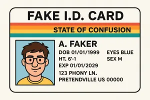 A novelty fake ID card labeled “FAKE I.D. CARD” from the “State of Confusion,” featuring a rainbow stripe, a cartoon portrait, and made-up details for a character named A. Faker.