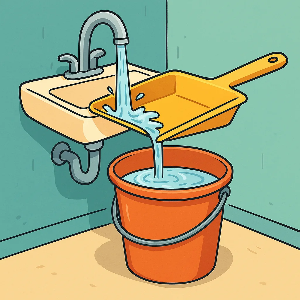 Life Hack #1 of 90+: Filling a Bucket from a Tiny Sink Using a Dustpan