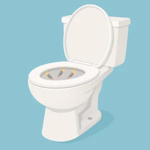 A flat digital illustration features a standard white toilet with the seat raised, showing three small bang snaps taped to the underside of the seat, against a blue background.