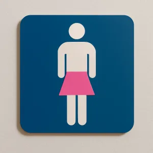 A playful flat-style illustration of a men’s restroom sign with a bright pink skirt sticker added to the figure, set on a rounded blue background against a light wall.