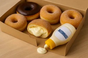A playful flat-style digital illustration of a round donut cut open to reveal a white mayonnaise filling, with a small jar of mayonnaise beside it, set on a soft blue background.
