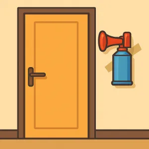 A flat, 2D digital illustration depicts a closed wooden door with a black handle, and a red and blue air horn taped to the wall behind the door at handle height, set against a softly textured beige background.