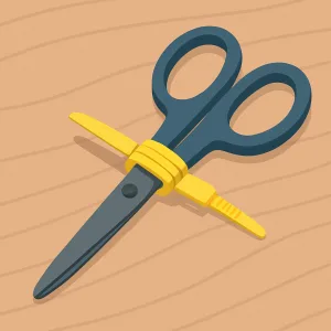 A flat-style digital illustration features a pair of blue-handled scissors secured shut with a bright yellow cable tie, resting on a light wooden desk surface.