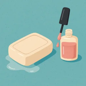 A flat-style digital illustration displays a rectangular bar of soap next to an open bottle of pink nail polish with a brush, set on a textured blue background.