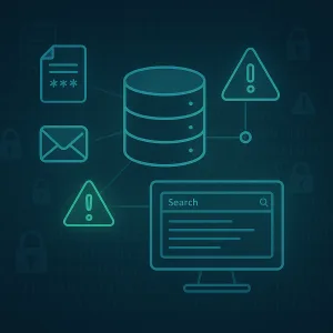 Breach and leak analysis OSINT toolkit illustration—database, password lists, email icons, and breach warning symbols.