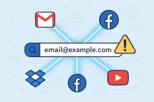 Email recon OSINT toolkit illustration—email address search, service icons (Gmail, Facebook, Dropbox, YouTube), and breach warning symbols.