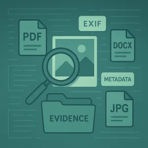 File and image analysis OSINT toolkit illustration—magnifying glass on images, document icons, and metadata tags.