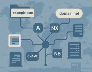 Infrastructure and domain recon OSINT illustration—domain names, DNS records, network nodes, and server icons connected by analysis lines.