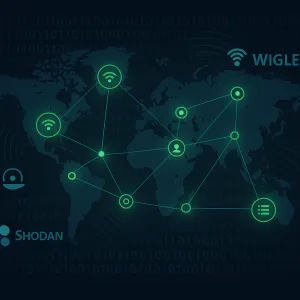 Network recon OSINT toolkit illustration—world map, Wi-Fi hotspots, servers, IP addresses, and connection lines.