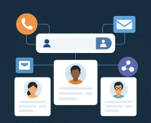 People search OSINT toolkit illustration—profile cards, search bar, and phone/email/social icons.