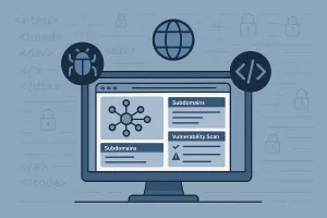 Web recon OSINT toolkit illustration—browser window with network diagrams, vulnerability scan results, bug and globe icons.